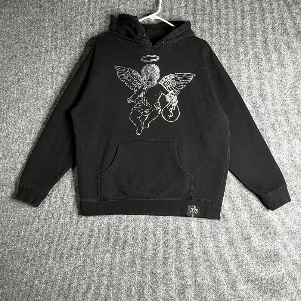 Hasta Muerte Men Rhinestone Angel Money Bag Hoodie Black Large Streetwear Fleece